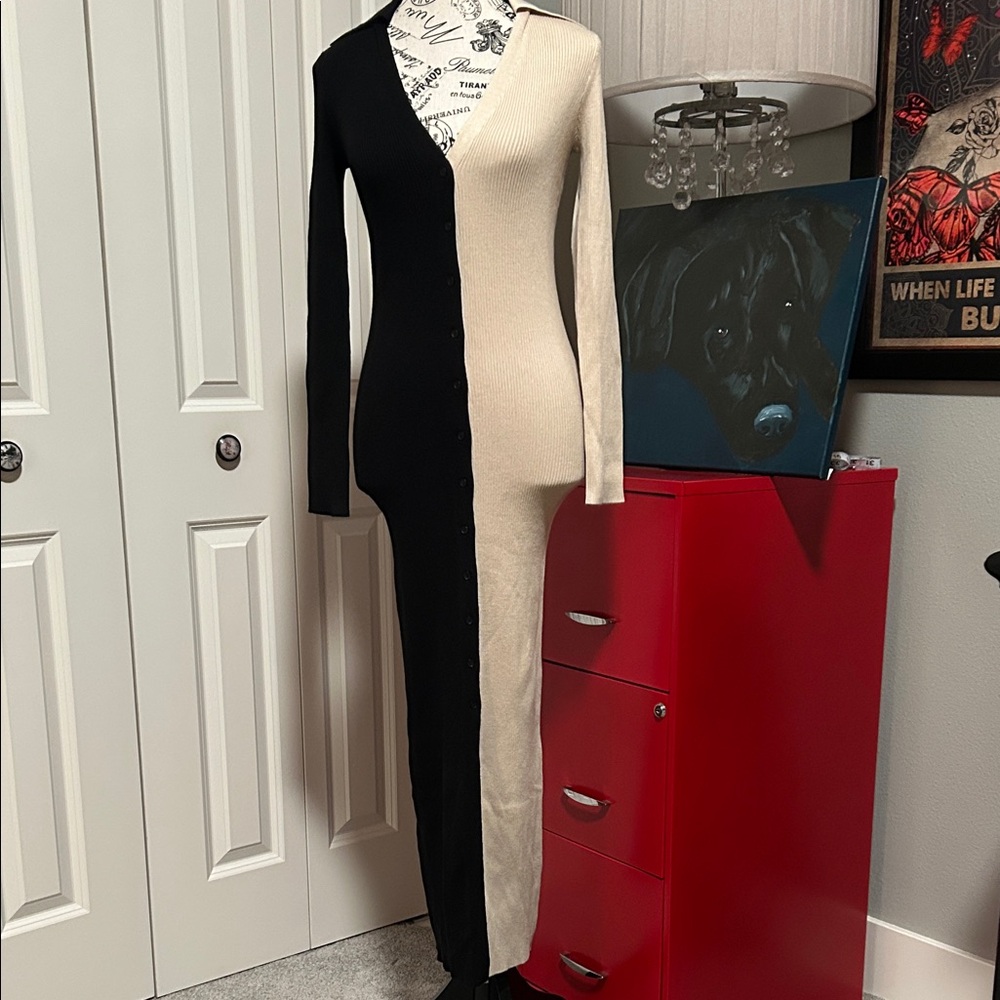 NWT Elegant Black and Cream Two-Tone Dress by Bohme
